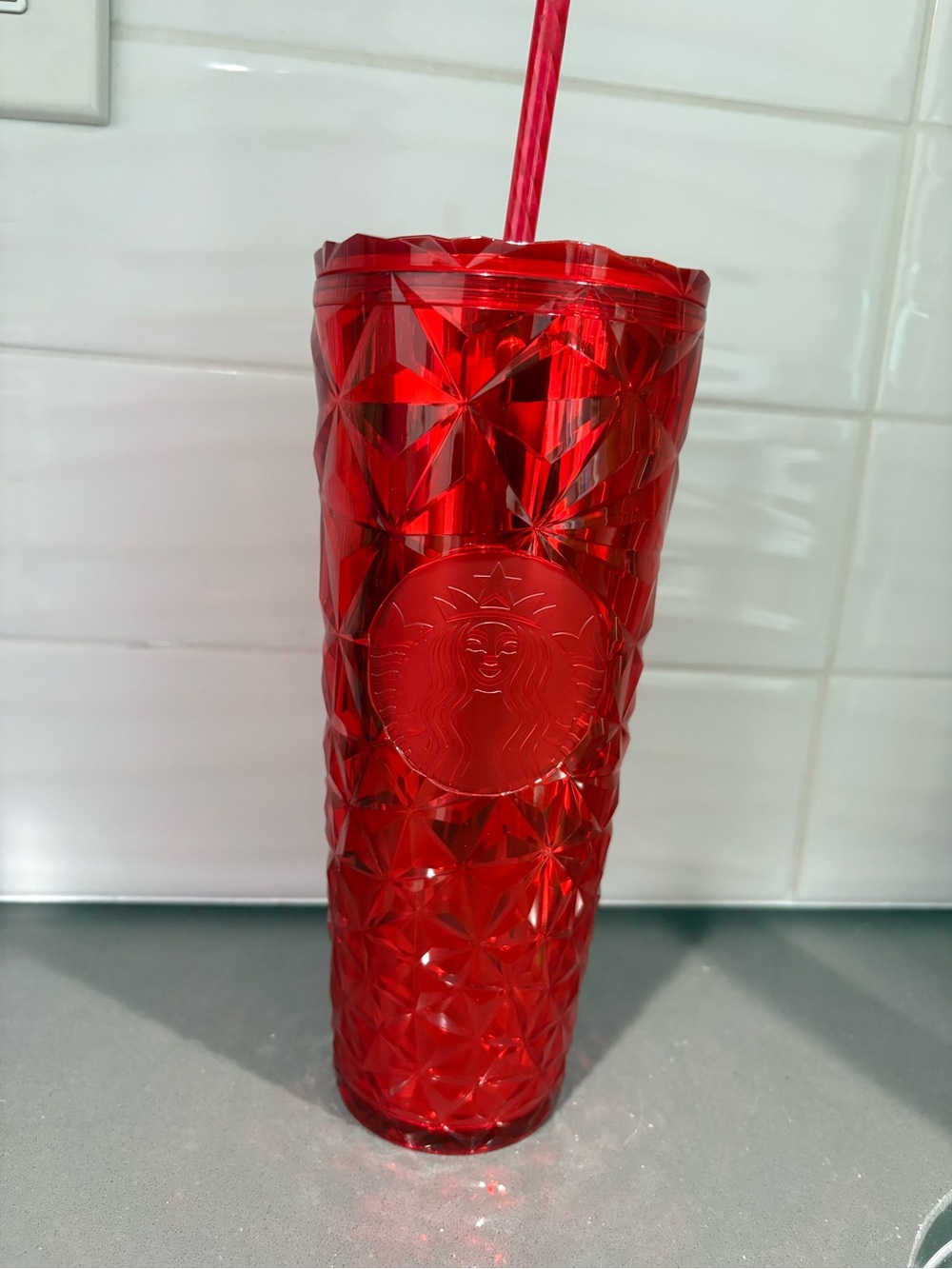 Starbucks Red Faceted Reusable Tumbler with Straw
